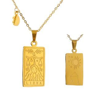 NEW 18K Gold Plated Libra Sign Zodiac Tarot Card Square Pendant Ne…